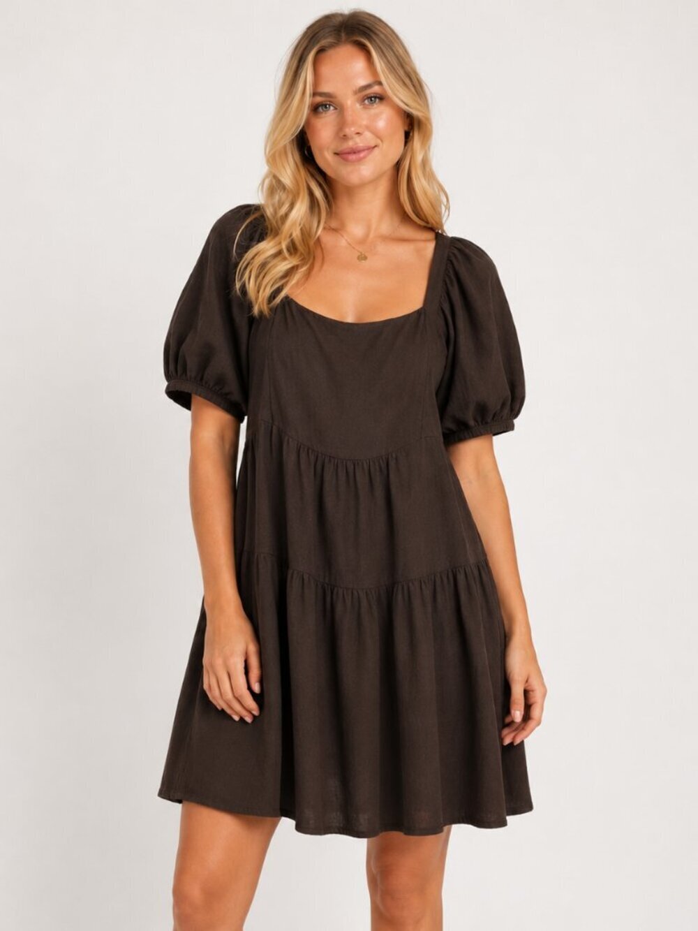 Brown Babydoll Linen Dress Mini Peasant Cottagecore Medium